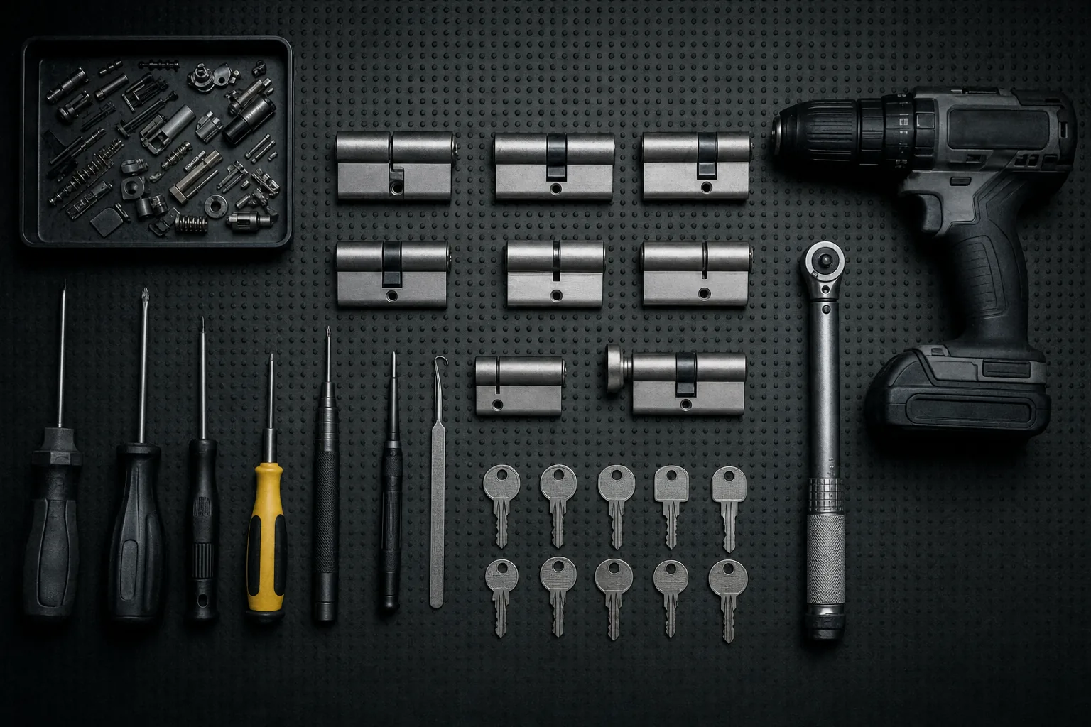 Outils de serrurier, cylindres de rechange et clés vierges disposés sur un tapis d’atelier