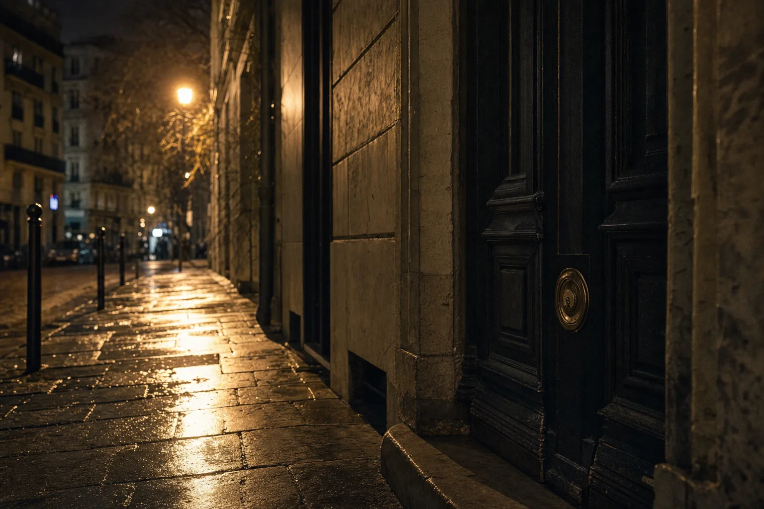 Porte d’immeuble parisienne la nuit, trottoir mouillé éclairé par un réverbère
